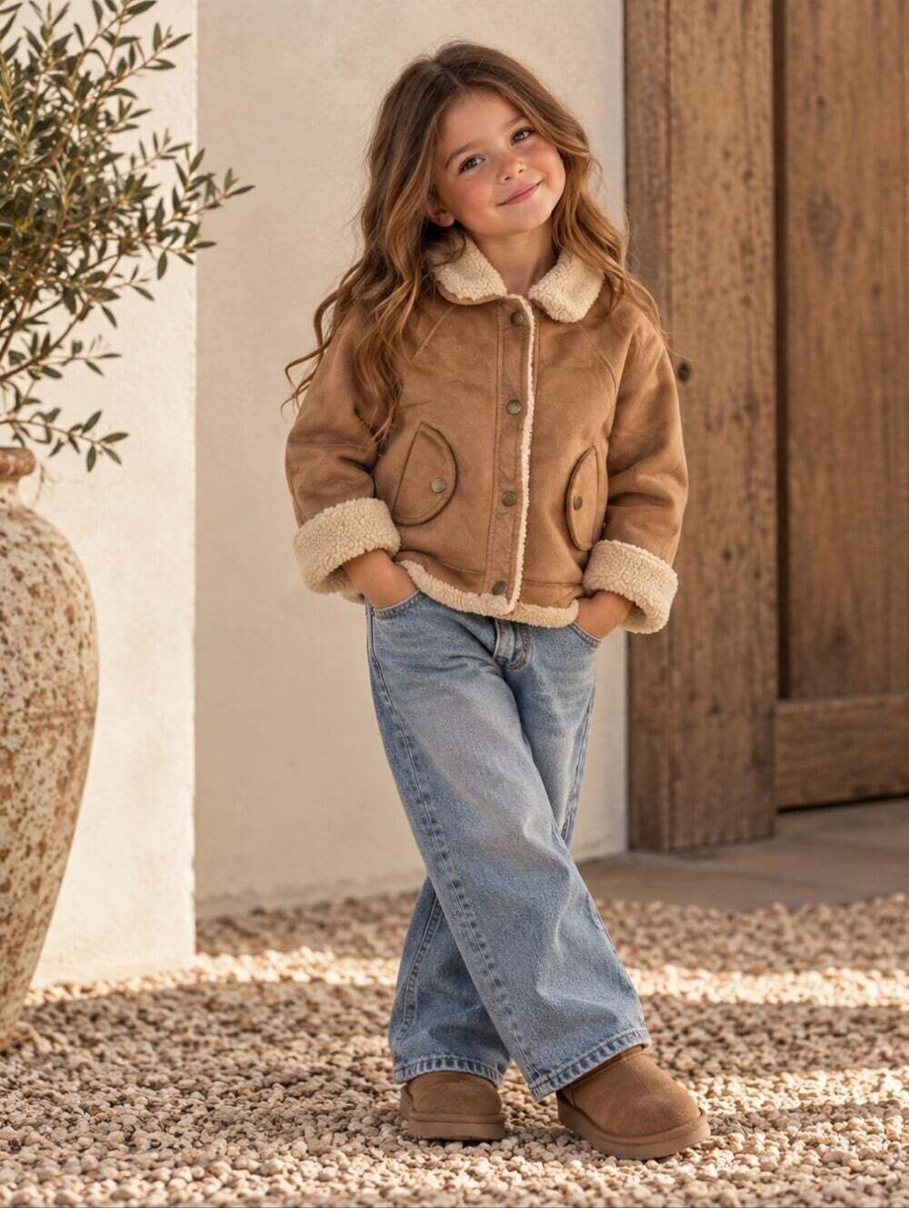 Zara Kids Girls Faux Suede Sherpa Jacket Coat Tan Brown 5T 5 Years